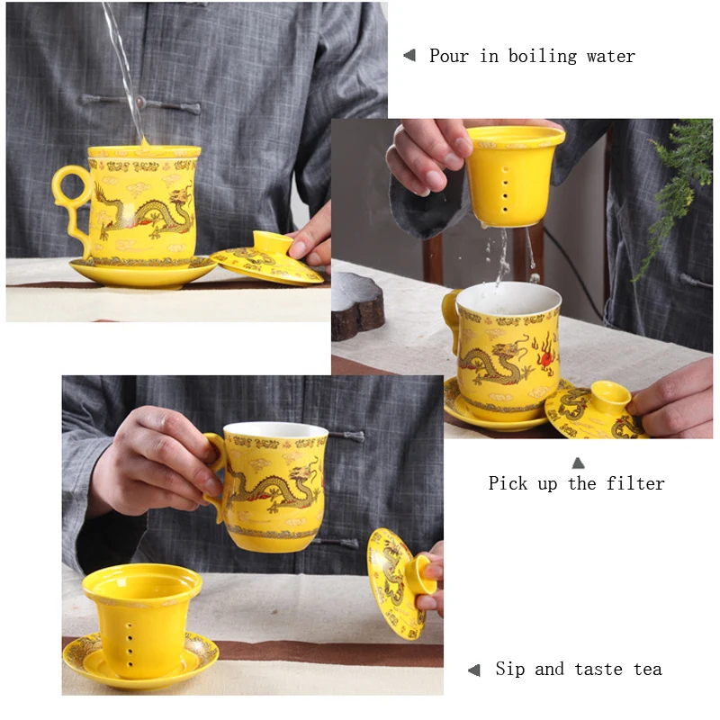Chinese Dragon Mug for Tea, Ceramic Tea Set with Cover, Water Cup, Filter Infuser, Office Meeting, Four-Piece Set