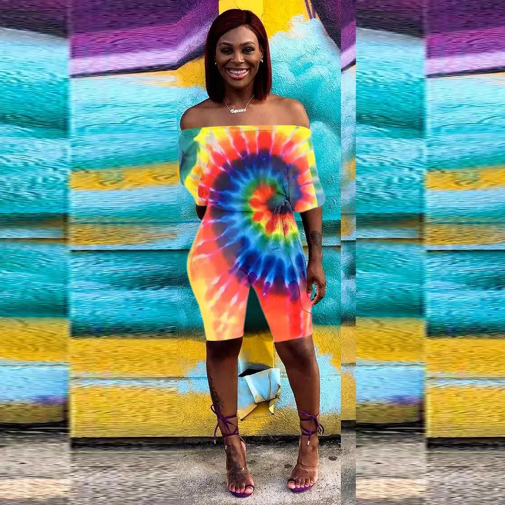 Tie dye костюмы для игры с принтом летние женские сланцы шеи Половина рукава и кружевные шорты пляжный стиль женский Облегающий комбинезон MS3607