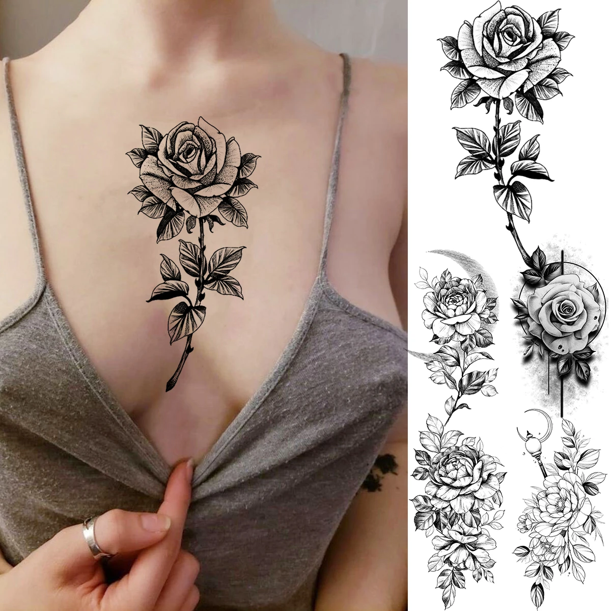 Tatouage Rose Entre Les Seins Faux Tatouages Temporaires Pour Femmes Adultes, Fleur De Rose Réaliste,  Sexy Seins, Demi Manches, Pivoine, Lune Ronde, Mode - Tatouages Éphémères -  AliExpress