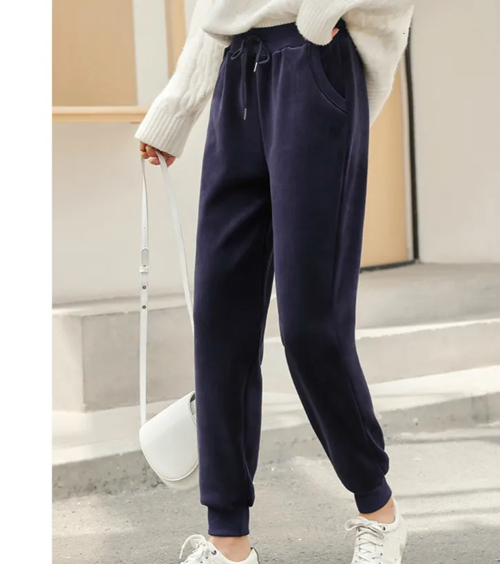 navy blue Женские брюки, зимние толстые плюс бархатные штаны, теплые женские повседневные штаны с высокой талией, свободные штаны-шаровары, Длинные однотонные брюки, Pantalon Femme - Цвет: navy blue