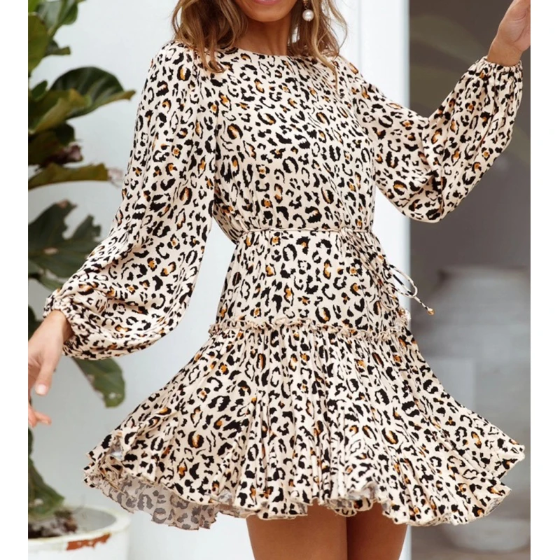 

Women Leopard Print Ruffles Lace Up Waist Dress 2020 Autumn Casual Lantern Sleeve O-Neck Female Party A-Line Dresses Vestidos