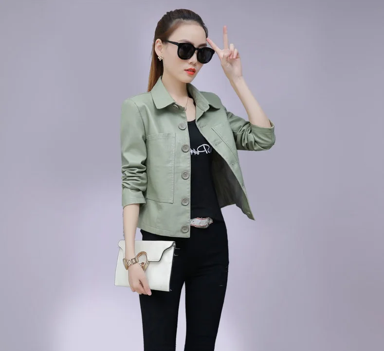 UHYTGF Leather Jacket Women Single-breasted PU Washed Leather Autumn Leather Coat Solid Color Wild Slim Short tops Big Size 827