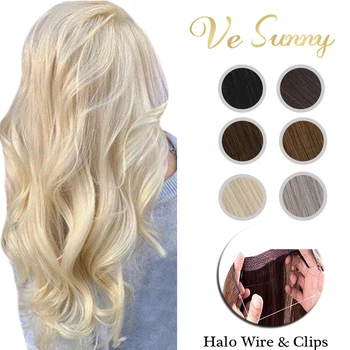 

VeSunny Invisible Wire Halo Human Hair Extensions Flip in Fish Line with 2 Clips on Machine Made