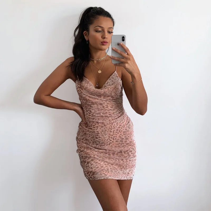 

2020 Summer European and American Fashion Pink Leopard Dress Vestidos Verano 2020 Vintage Backless Sexy Retro Dress Elegant