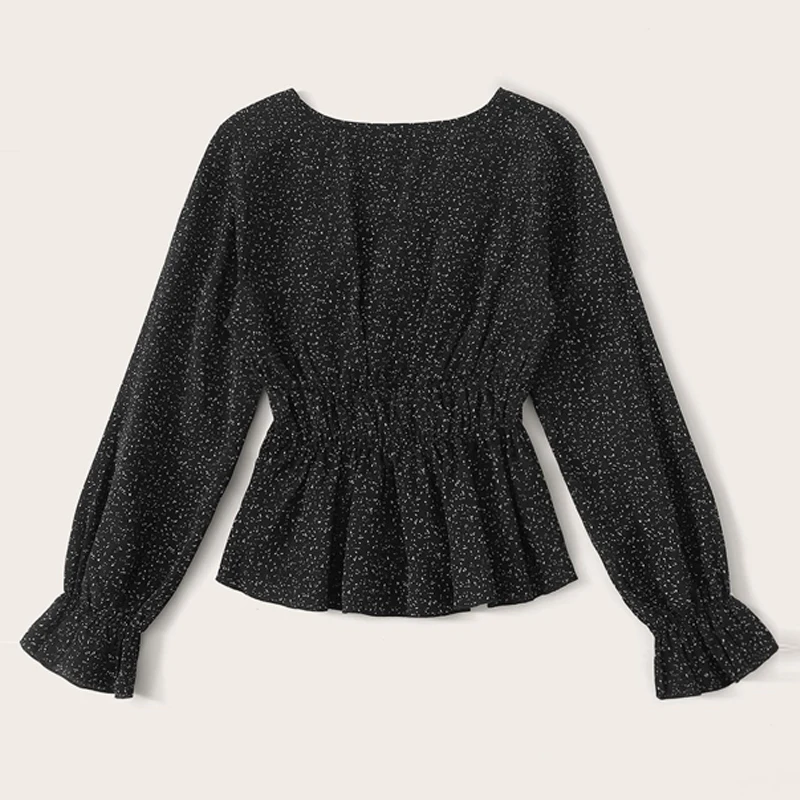 Dotfashion Повседневная шифоновая блузка с воланом и рукавом для женщин, весна, Boho Ruffle, свободные к низу блузки, женский черный топ с v-образным вырезом