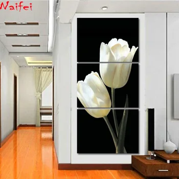 

5d Diamond Pictures Wall Art Diamond painting "3 Pieces Elegance White Tulips Paintings Flowers" Diamond embroidery Home Decor