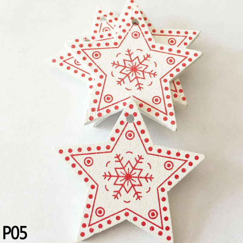 P05 10 шт., 5 см, белые, красные, деревянные рождественские украшения, звезда, сердце, Рождественская елка, подвесные Подвески для нового года, Рождества, украшения для дома, вечерние - Цвет: P05