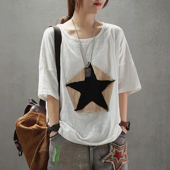 

Bamboo Cotton Women's T Shirt For Women Loose Half Sleeves Star Patches O Neck Tees Tops Solid Color Harajuku Casual Pullovers