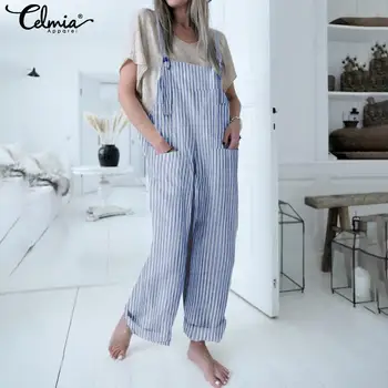 

Celmia Vintage Bib Overalls Women Striped Jumpsuits 2020 Summer Strappy Rompers Casual Loose Wide Leg Pants Plus Size Pantalon