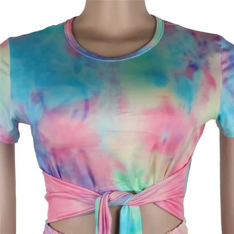 ANJAMANOR полосатый Tye Dye Bodycon комбинезон для женщин с вырезами галстук приталенные, с коротким рукавом Комбинезоны для женщин s сексуальная одежда D35-AE43