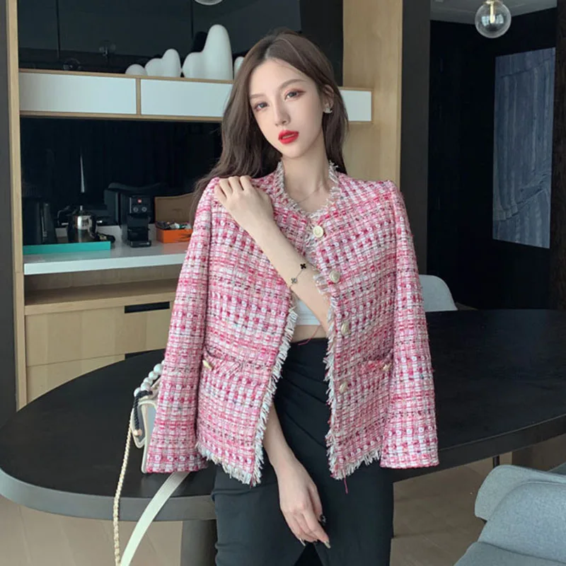 

Autumn Women's Plaid Coats New Korean Chic Fashion Burrs Long-sleeved Jacket Woman Wild Loose Tops Female Tide GD068