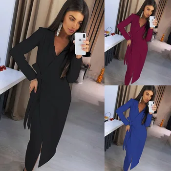

BacklakeGirls French Style Tunic Skirt Deep V Neck Elegant Party Dresses Women Corset Evening Dress Long Sleeve Solid Color Coat