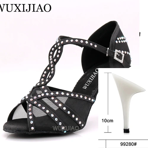 WUXIJIAOLatin/танцевальная обувь; женская обувь для ужина; обувь для танцев из сатиновой сетки черного цвета; блестящие стразы; обувь для сальсы; Высокий каблук 9 см - Цвет: black heel 10cm