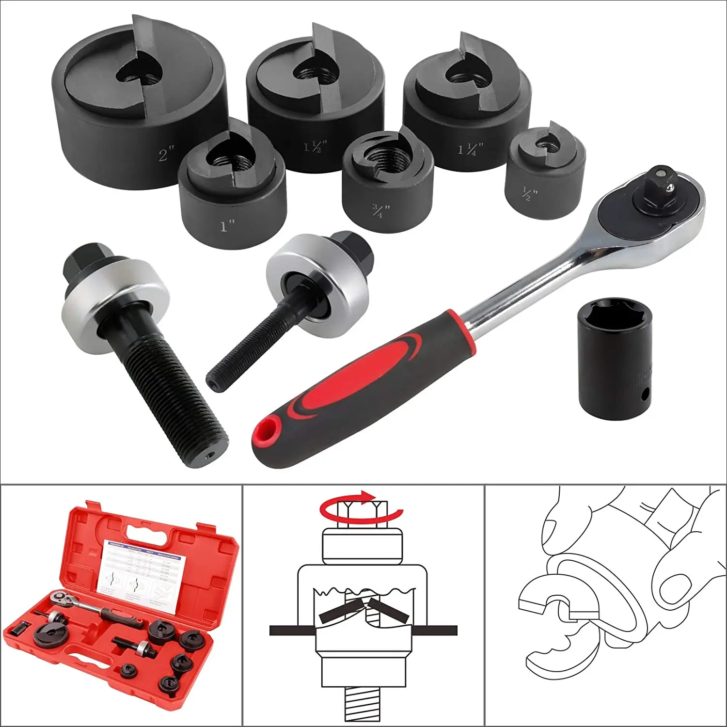 Manual Ratchet Knockout Hole Punch Driver Kit 1/2 to 2 inch(22.5-61.5mm)  Electrical Conduit Hole Cutter Set KO Tool Kit CC-60
