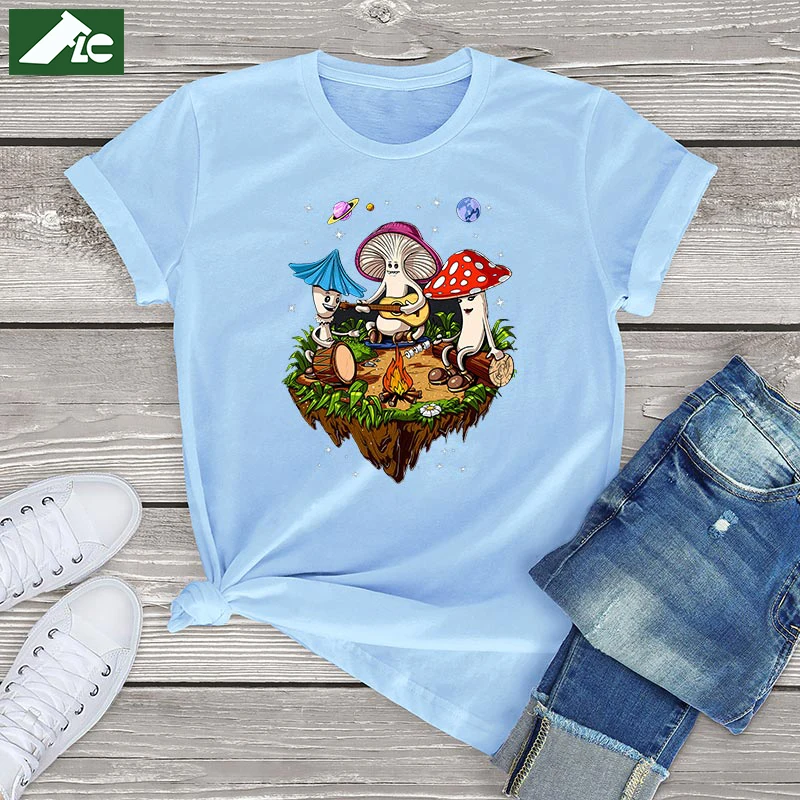 

Unisex T-Shirt women Hippie Mushrooms Camping Psychedelic Forest Fungi Festival harajuku tShirt female soft oversized tee tops