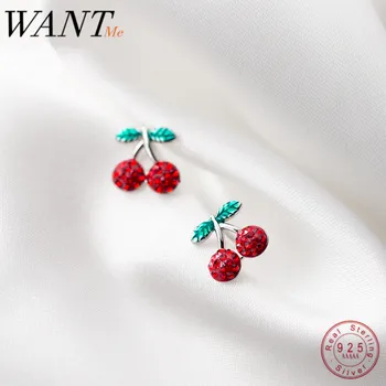 

WANTME Fashion Romantic Sweet Red Zircon Cherry Fruit Studs Earrings Genuine 100% 925 Sterling Silver Girls Accessory Jewelry