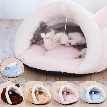 

Cute Coral Fleece Cat House Winter Warm Puppy Kennel Nest Pet Small Dog Tent Rabbit Shaped Cats Bed Soft Pets Sleeping Mat Pad