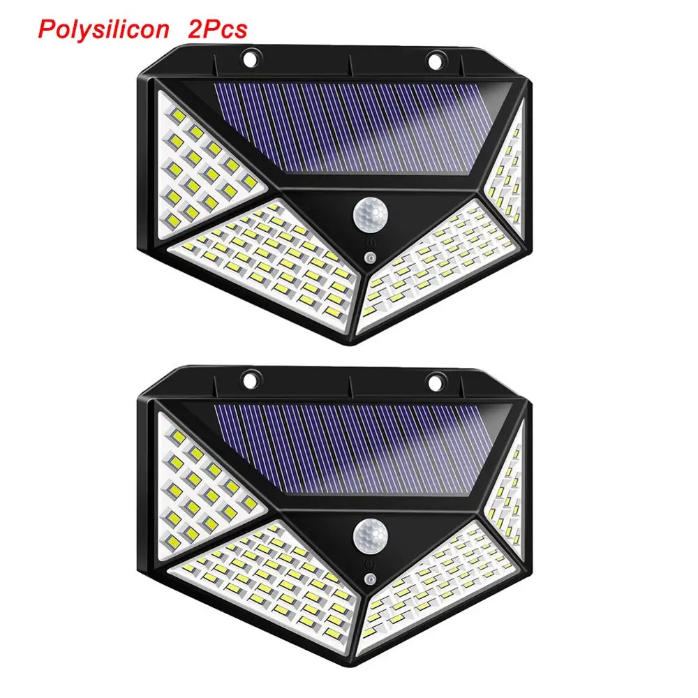 polysilicon 2Pcs 100 LED Four-Sided Solar Light Outdoor Solar Lamp Powered Sunlight 3 Modes PIR Motion Sensor for Garden Decoration Sunlight - Emitting Color: polysilicon 2Pcs