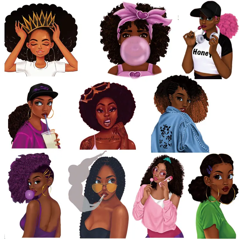 Beauty African Girl Patch Thermal Sticker On Clothes Heat Transfer DIY T-shirt Patches