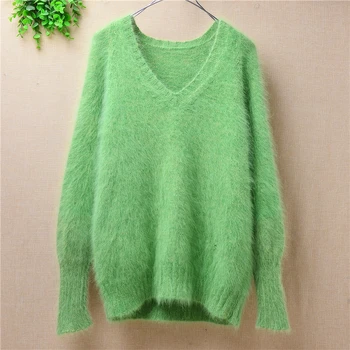 

Youth Series Women's Knitted Mink Cashmere Pullover Angora Rabbit fur Sweater Winter slim v-neck Basecoat blouse sweater female