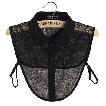 

Women Hollow Out Floral Lace Lapel Fake Collar High Low Irregular Half-Shirt Top Black White 649C