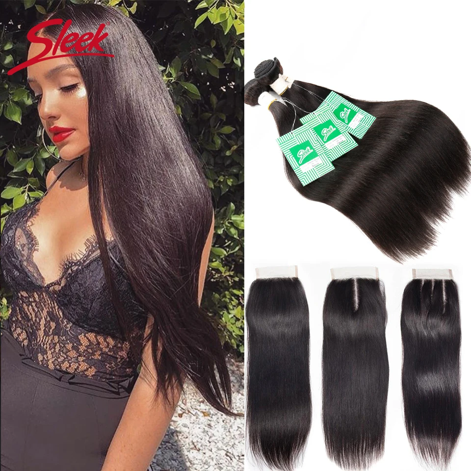 sleek-bundles-with-closure-brazilian-straight-3-bundles-with-closure-natural-color-remy-hair-extension-for-black-women