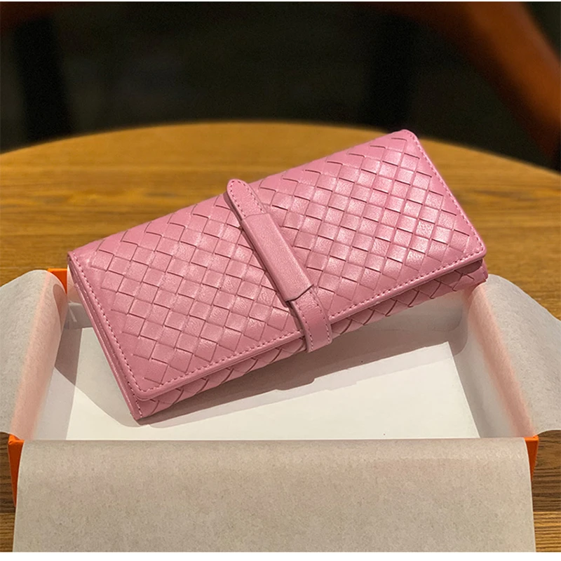 

2020 New Long Luxury Ladies Leather Two-fold Purse Soft Sheepskin Hand-woven Large-capacity Flip Wallet Drawstring Folding Money