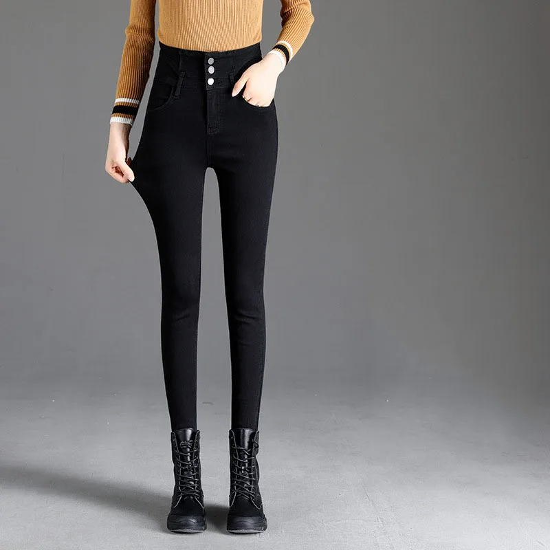 1 High Waist Women Jeans Trousers Autumn New Slim Fit Tight Jeans Brushed Villus Lining Black Warm Female Pants - Цвет: 1