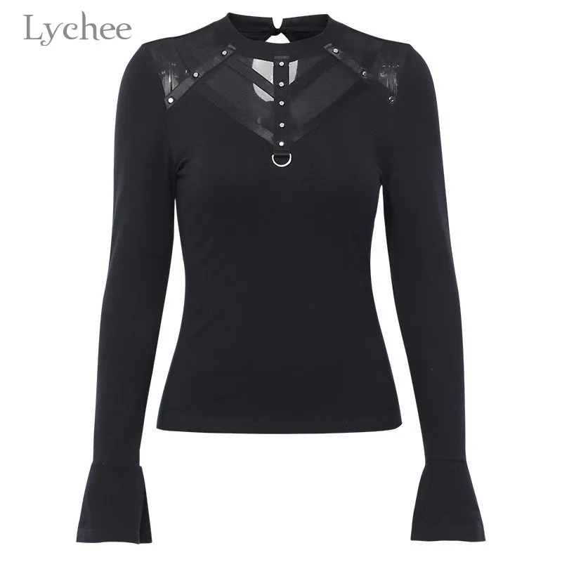 Lychee Harajuku, однотонная, сетчатая, Лоскутная, женская футболка, футболка, прозрачный, Круглый ворот, женские пуловеры, топы, сексуальные, весенние, женские футболки, футболки
