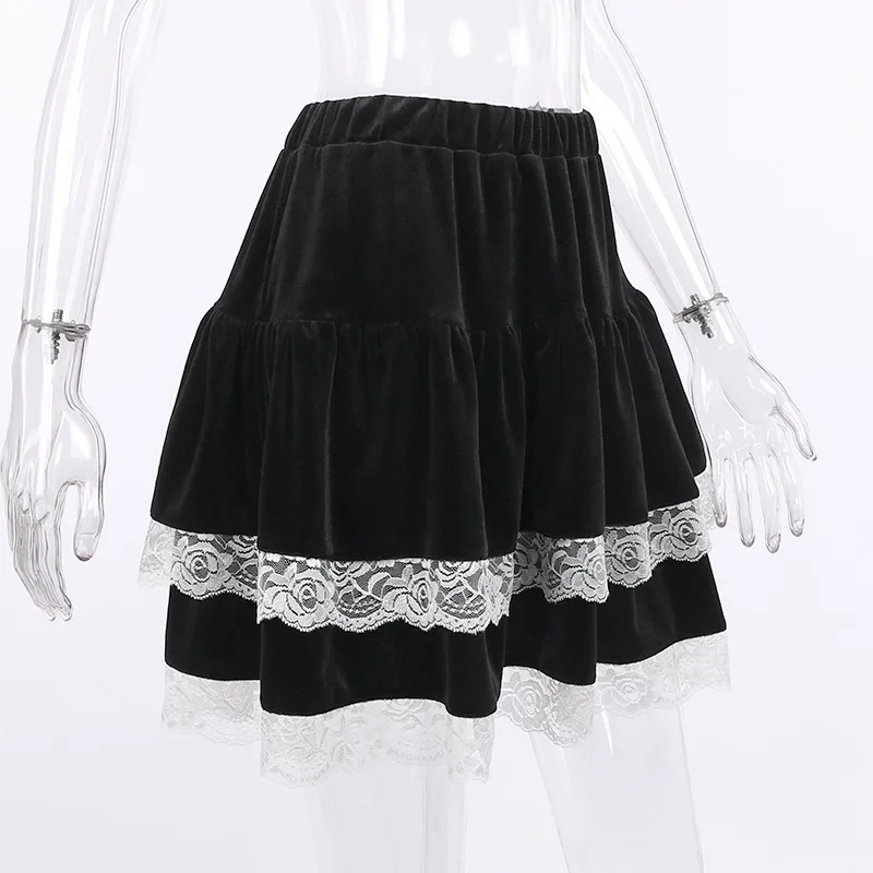 Kawaii Lace High-waisted skirt Women's skirt Goth Fairy Grunge pleated harajuku Bandage Y2k Dance Gothic Mini skirts tangada