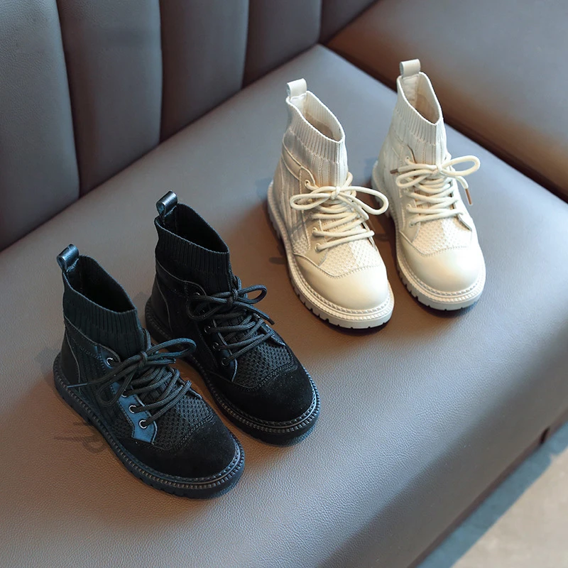 Новые осенние детские ботинки Martin; ботильоны для маленьких девочек; детская черная Брендовая обувь; повседневные ботинки для мальчиков; теплые ботинки; модные носки; ботинки