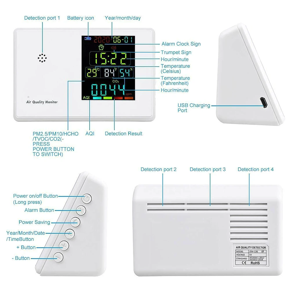 Сигнализация для офиса для CO2 PM2.5 стоящий монитор качества воздуха USB порт влажность формальдегид частицы температура цифровой ЖК-дисплей