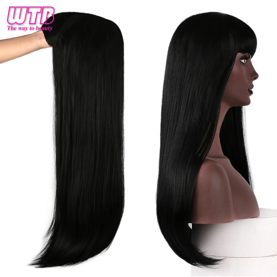 WTB длинный прямой синтетический парик с челкой для белых/черных женщин природы черные парики косплей женский парик