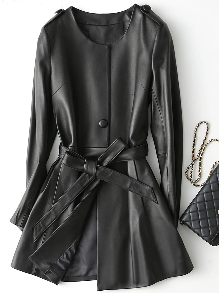 Nerazzurri Spring autumn black faux leather jacket women long sleeve belt Leather coat 2021 Slim Fit Korean Fashion Clothing | Женская