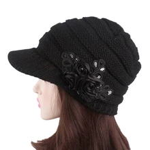 Женская вязанная шерстяная шапка, шапки на осень и зиму, новинка, модная женская вязаная шапка с цветком и блестками