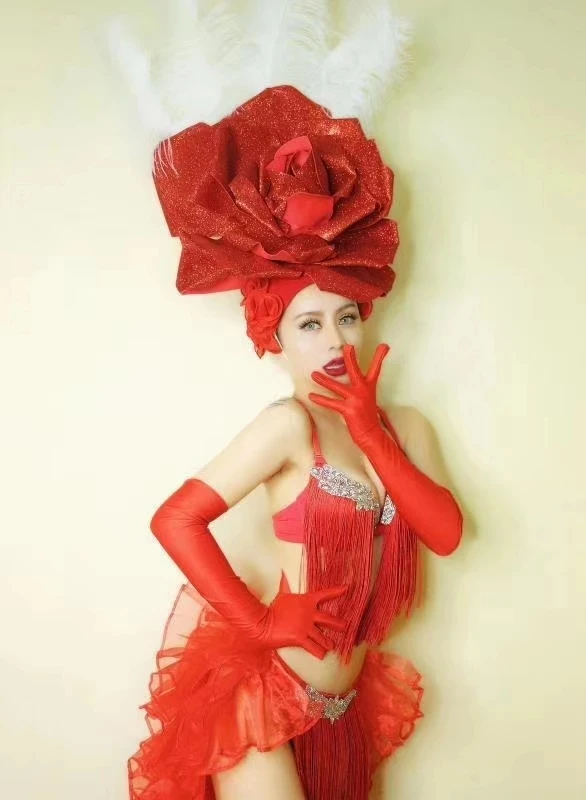 Club Rose dancer costume Sexy Female Stage Wear Red Flower Headgear Crystal Tassel Bikini Tail Dance Outfit