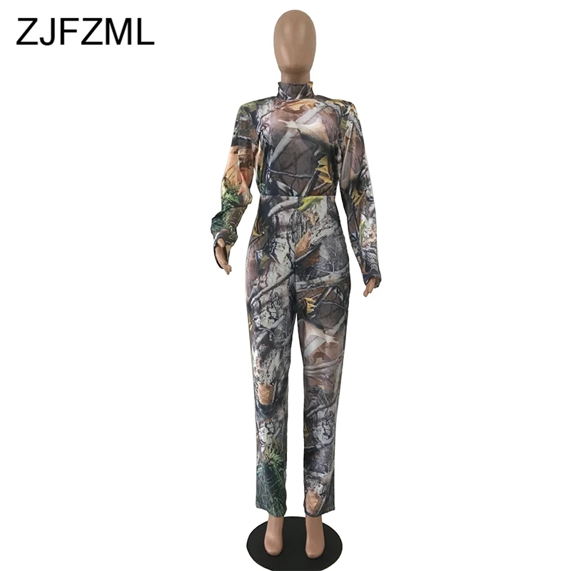 Colorful Print Sexy Jumpsuit For Women Long Sleeve High Necked Skinny Full Length Romper Casual Ladies Back Zipper Party Overall