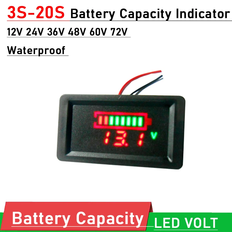 

Waterproof Battery Capacity + LED Display Digital Volt meter 3S 4S 6S 7S 12V 24V 36V 48V 60V Lifepo4 lead-acid Li-ion lithium