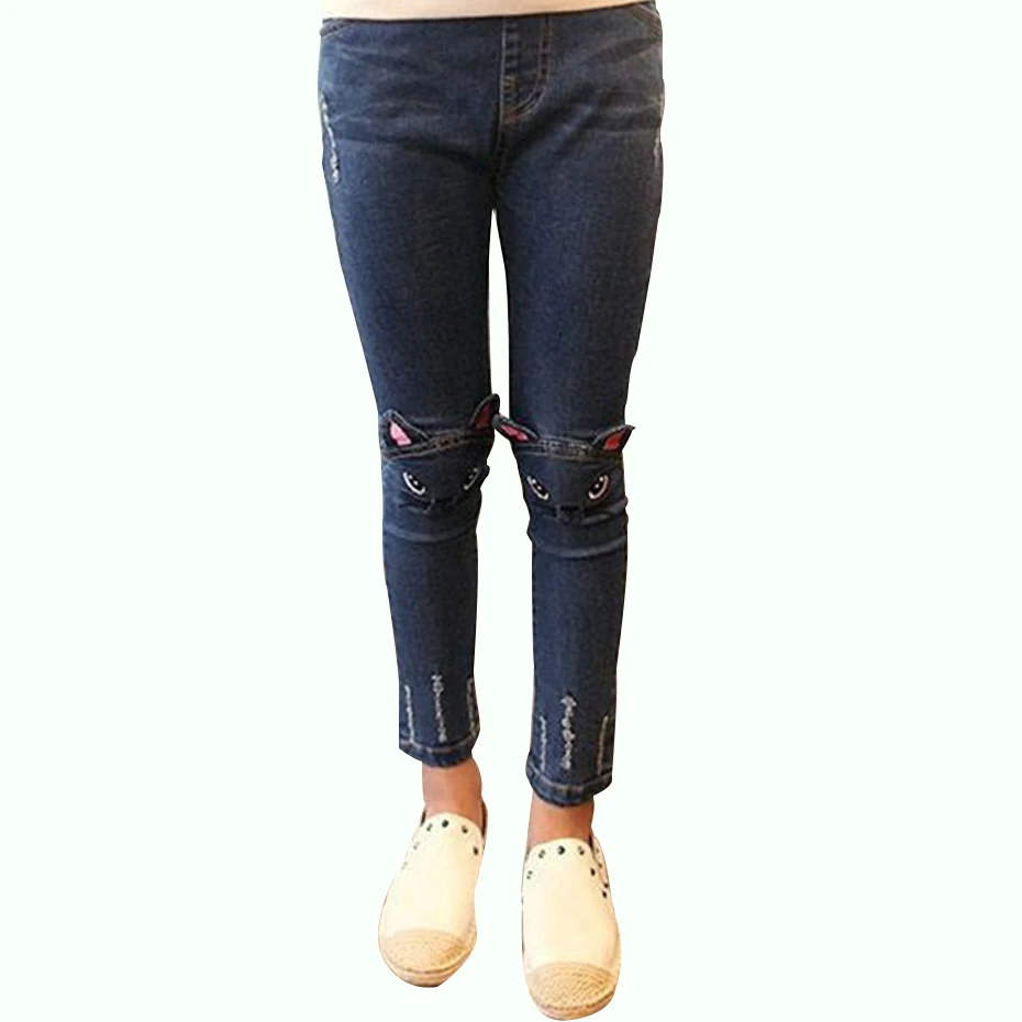 Детские джинсы для девочек с вышивкой из мультфильма эластичным поясом и дырками