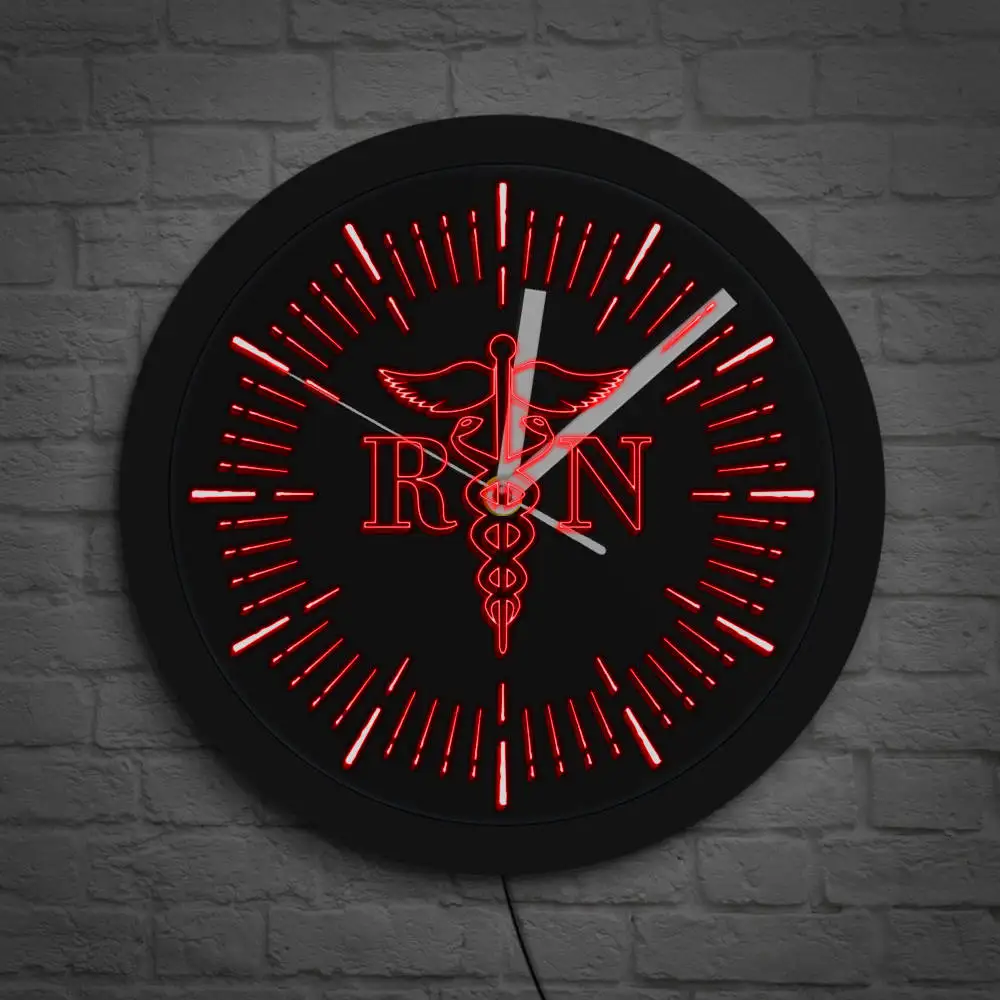 Registered Nurse Caduceus Medical Logo Modern LED Neon Sign Wall Clock