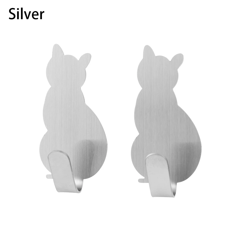 2PCS Cat Pattern Hooks Self Adhesive Cute Towel Rack Storage Holder Door Hanging Bathroom Kitchen Home Storage Tools Accessories - Цвет: silver