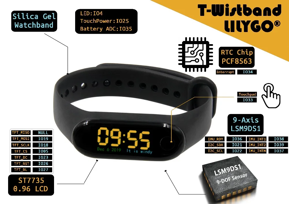 LILYGO® TTGO T-Wristband DIY Programmable Smart Bracelet ESP32-PICO-D4 Main Chip 0.96 Inch IPS Screen Silicone Bracelet Strap(1)(1)(1)