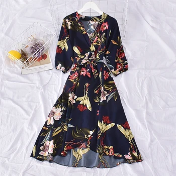 

2020 Vintage Slim V Neck spring Autumn Floral Print Midi Long Irregular Bandage Dress Women 3/4 Sleeve High Waist elegant dress