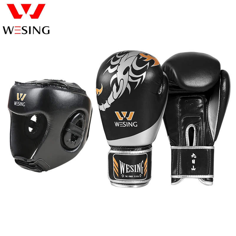 Wesing Boxing Gloves with Headgear 10oz Muay Thai Kickboxing Training Headguard Protection MMA Equipment