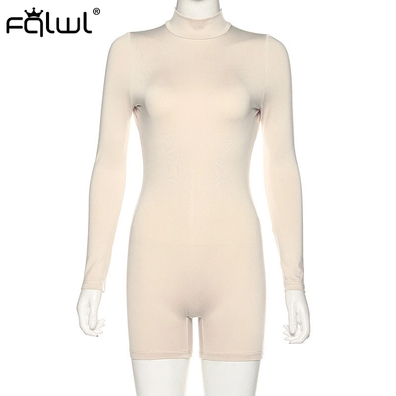 FQLWL Hollow Out Backless White Sexy Rompers Womens Jumpsuit Female Playsuit Long Sleeve Skinny Ladies Short Bodycon Jumpsuit