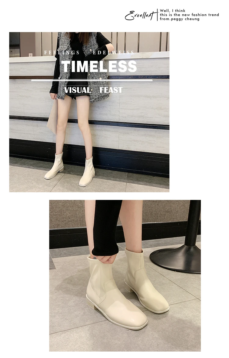 Брендовые однотонные короткие ботинки «Челси» с квадратным носком; bottes mujer; зимние Ботинки martin из эластичной кожи без застежки; Узкие ботильоны на массивном каблуке; обувь