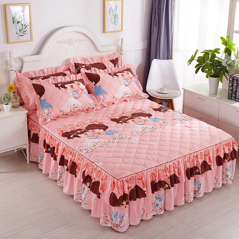 Two Layer Bed Skirt Elegant Chiffon Bedspread Thick Bed Cover With Elastic Band 