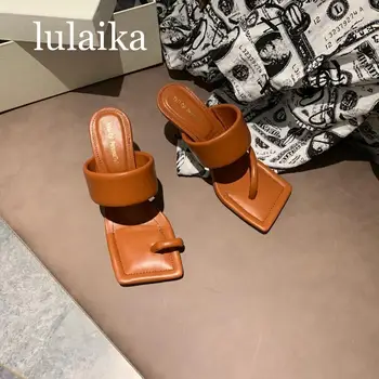 

2020 High Heels Sandals Slippers Women Thin Heels Flip Flops Square Toe Slides Party Shoes New Brand Slide 3 Cm Size 35-39