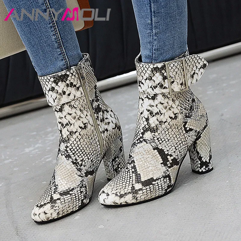 

ANNYMOLI Winter Ankle Boots Women Snake Print Buckle Block Heels Short Boots Zip Extreme High Heel Shoes Ladies Fall Size 35-43