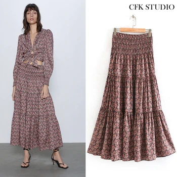 

2020 New Za Women Midiskirt with Elastic waist Floral Print Elegant A-line Midiskirt Femme Summer Loose Midiskirt